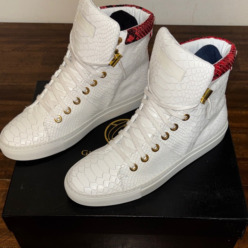 White and Red High-Top Sneakers
